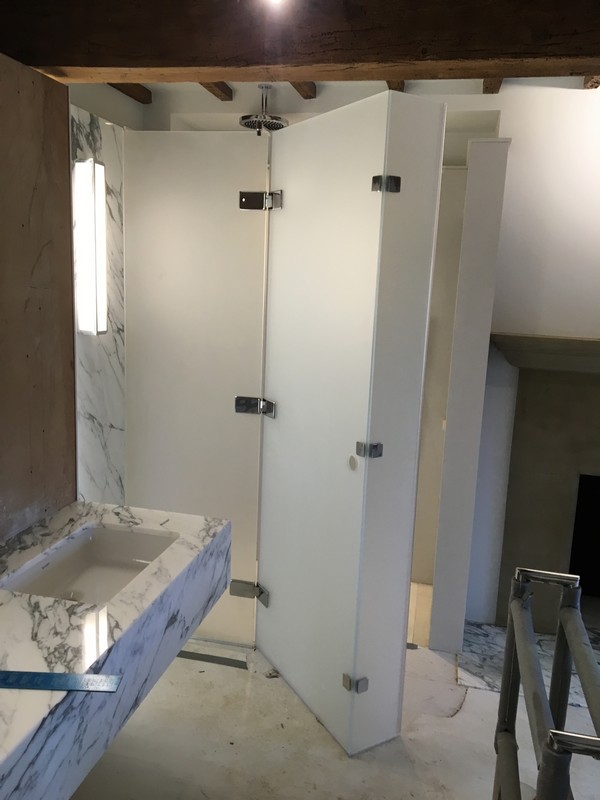 Bespoke frosted glass shower enclosure in Forest Hill luxury bathroom